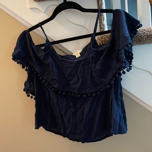 Aeropostale off the shoulders navy blue crop top with fringe, size Small